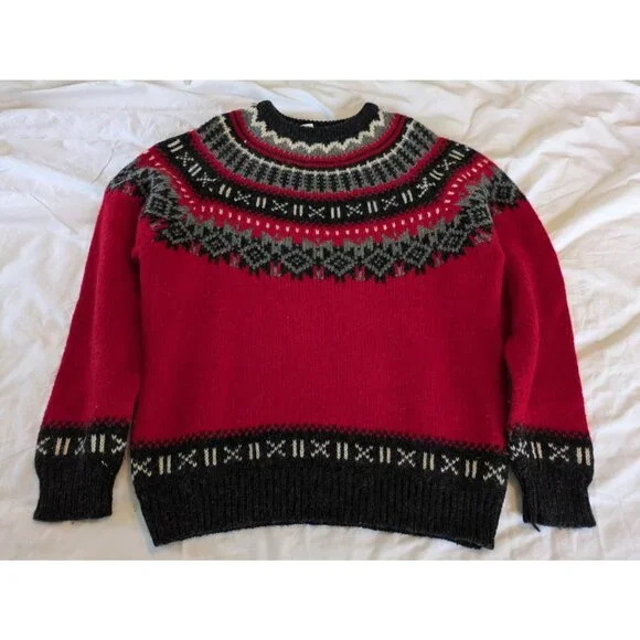 Vintage Woolrich Sweater Men's Sz XL Fair Isle Red & Gray Wool Pullover 80s, 90s